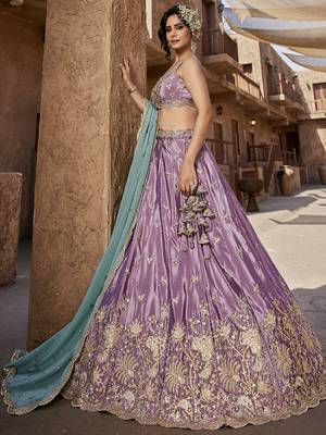 Lavender Satin Silk Sequins embroidery Semi-Stitched Lehenga choli & Dupatta 3