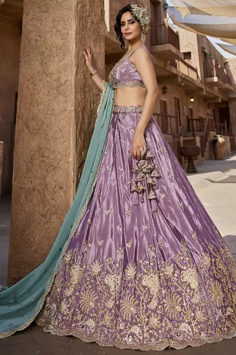 Lavender Satin Silk Sequins embroidery Semi-Stitched Lehenga choli & Dupatta