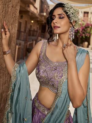 Lavender Satin Silk Sequins embroidery Semi-Stitched Lehenga choli & Dupatta 4