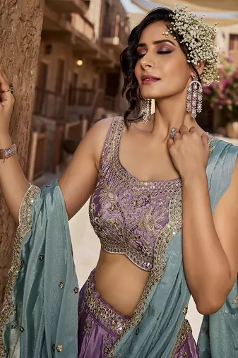 Lavender Satin Silk Sequins embroidery Semi-Stitched Lehenga choli & Dupatta