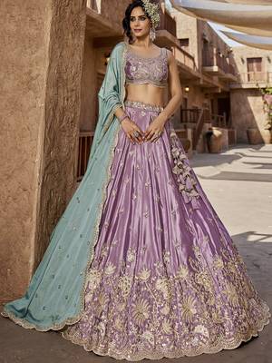 Lavender Satin Silk Sequins embroidery Semi-Stitched Lehenga choli & Dupatta 5