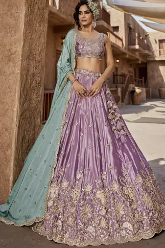 Lavender Satin Silk Sequins embroidery Semi-Stitched Lehenga choli & Dupatta