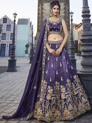 Purple Tissue Handwork cutdana embroidery Semi-Stitched Lehenga choli & Dupatta 1