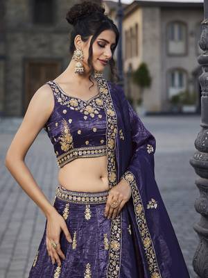 Purple Tissue Handwork cutdana embroidery Semi-Stitched Lehenga choli & Dupatta 5