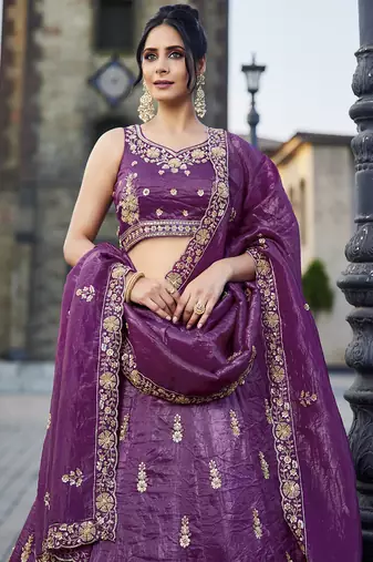 Burgundy Tissue Handwork cutdana embroidery Lehenga choli & Dupatta