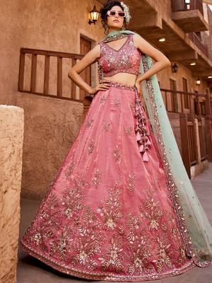 Pink Tissue Sequin embroidery Semi-Stitched Lehenga choli & Dupatta 1