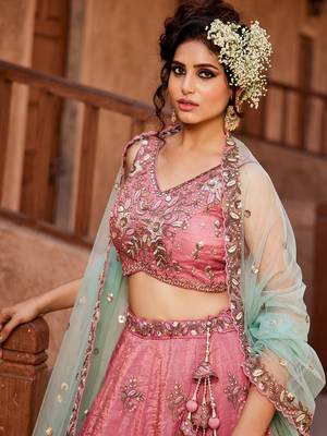 Pink Tissue Sequin embroidery Semi-Stitched Lehenga choli & Dupatta 3