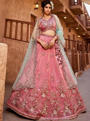 Pink Tissue Sequin embroidery Semi-Stitched Lehenga choli & Dupatta 4