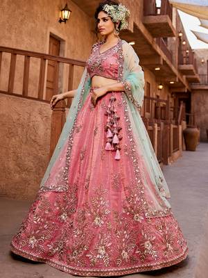 Pink Tissue Sequin embroidery Semi-Stitched Lehenga choli & Dupatta 5