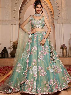 Sea Green Net  Sequin embroidery Semi-Stitched Lehenga choli & Dupatta 1