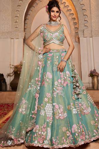 Sea Green Net  Sequin embroidery Semi-Stitched Lehenga choli & Dupatta