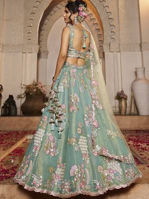 Sea Green Net  Sequin embroidery Semi-Stitched Lehenga choli & Dupatta 2