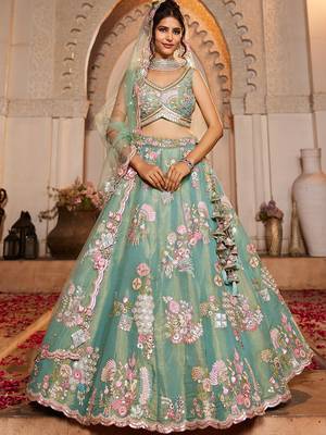 Sea Green Net  Sequin embroidery Semi-Stitched Lehenga choli & Dupatta 3