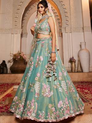 Sea Green Net  Sequin embroidery Semi-Stitched Lehenga choli & Dupatta 4