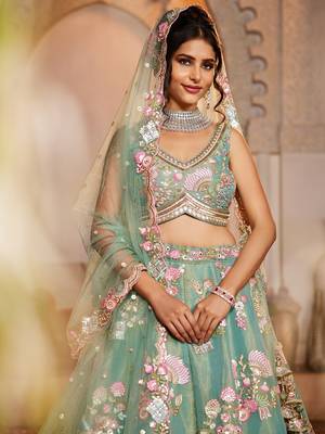 Sea Green Net  Sequin embroidery Semi-Stitched Lehenga choli & Dupatta 5