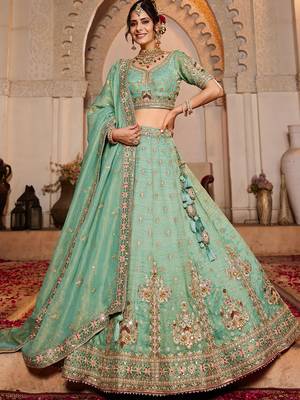 Lime green colour Tissue  Sequin embroidery Semi-Stitched Lehenga choli & Dupatta 1