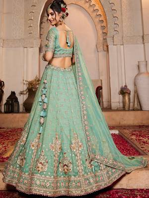Lime green colour Tissue  Sequin embroidery Semi-Stitched Lehenga choli & Dupatta 2
