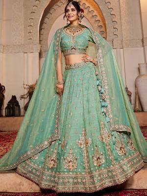 Lime green colour Tissue  Sequin embroidery Semi-Stitched Lehenga choli & Dupatta 3