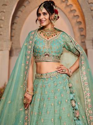 Lime green colour Tissue  Sequin embroidery Semi-Stitched Lehenga choli & Dupatta 4