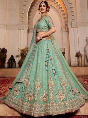 Lime green colour Tissue  Sequin embroidery Semi-Stitched Lehenga choli & Dupatta 5