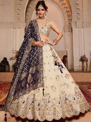 Cream colour Tissue  Sequin embroidery Semi-Stitched Lehenga choli & Dupatta 4