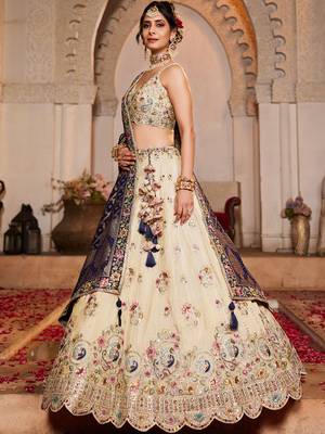 Cream colour Tissue  Sequin embroidery Semi-Stitched Lehenga choli & Dupatta 5