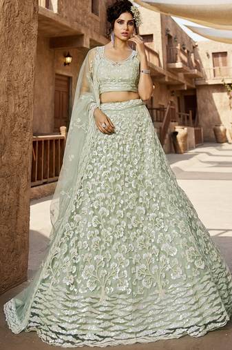 Lime Green Net  Sequin embroidery Semi-Stitched Lehenga choli & Dupatta