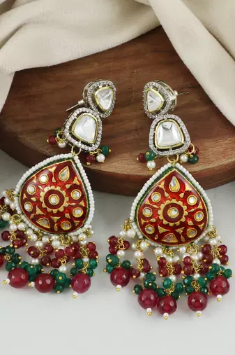 Kundan Meenakari Polki Jhumka Earrings Brass Jewelry