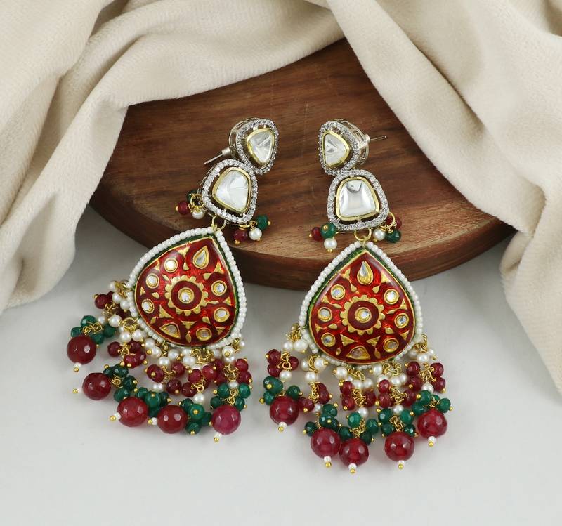 Kundan Meenakari Polki Jhumka Earrings Brass Jewelry