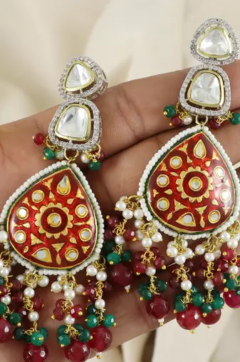 Kundan Meenakari Polki Jhumka Earrings Brass Jewelry