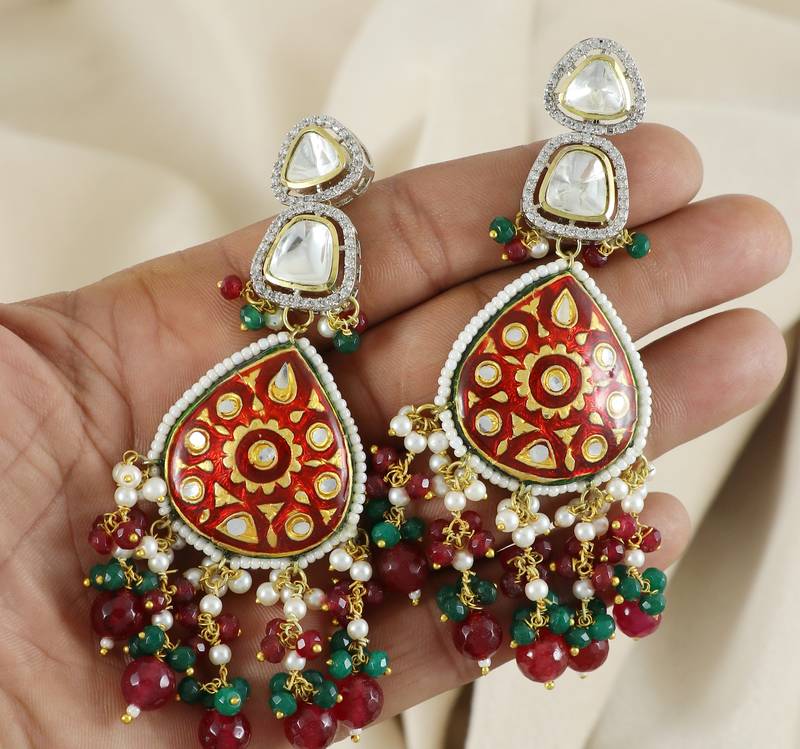 Kundan Meenakari Polki Jhumka Earrings Brass Jewelry