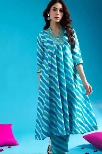 Blue white women beautiful outfit lehriya printed cotton blue kurta with pant