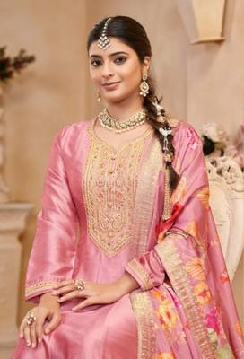 Light pink vichitra silk sequin embroidered semi-stitched salwar suit 2