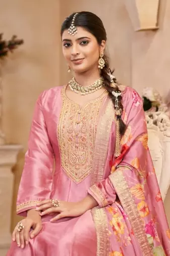 Light pink vichitra silk sequin embroidered semi-stitched salwar suit