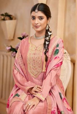 Light peach vichitra silk sequin embroidered semi-stitched salwar suit 2