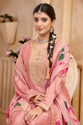 Light peach vichitra silk sequin embroidered semi-stitched salwar suit