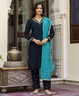 Trendmalls Velvet Embroidery Salwar Suit Set Kurta Pant with Dupatta 4