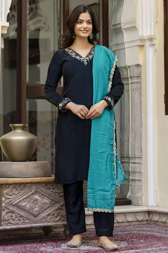 Trendmalls Velvet Embroidery Salwar Suit Set Kurta Pant with Dupatta