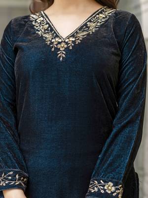 Trendmalls Velvet Embroidery Salwar Suit Set Kurta Pant with Dupatta 5