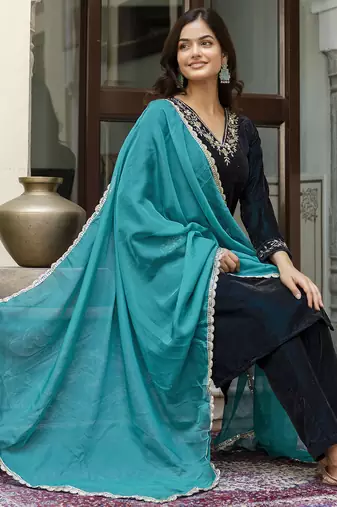 Trendmalls Velvet Embroidery Salwar Suit Set Kurta Pant with Dupatta