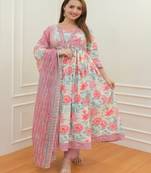 Women pink cotton kurti with pant and dupatta for women