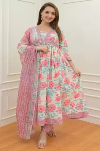 Women pink cotton kurti with pant and dupatta for women