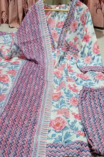 Women pink cotton kurti with pant and dupatta for women