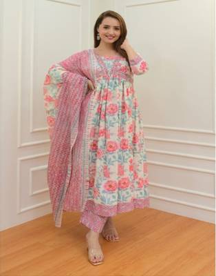 Women pink cotton kurti with pant and dupatta for women 5