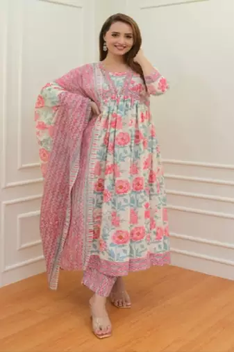 Women pink cotton kurti with pant and dupatta for women