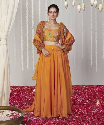Bagicha Orange Solid Lehenga Set Of 3 1