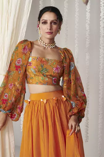 Bagicha Orange Solid Lehenga Set Of 3