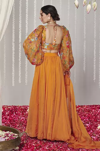 Bagicha Orange Solid Lehenga Set Of 3