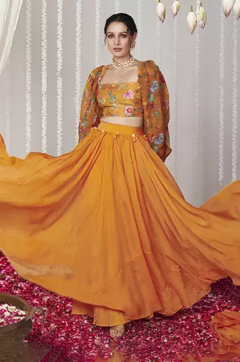 Bagicha Orange Solid Lehenga Set Of 3
