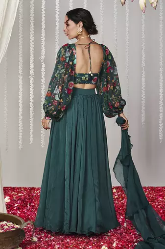 Bagicha Botanical Green Solid Lehenga Set Of 3